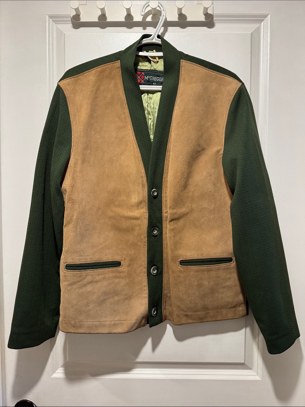 VTG 60s McGregor Suede Knit Cardigan Jacket Wagon Print Lining Olive Tan 40